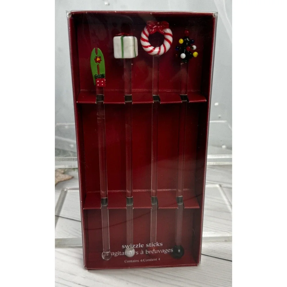 Pier 1 Glass Cocktail Swizzle Sticks Christmas Tree Presents‎ Wreath Surfboard